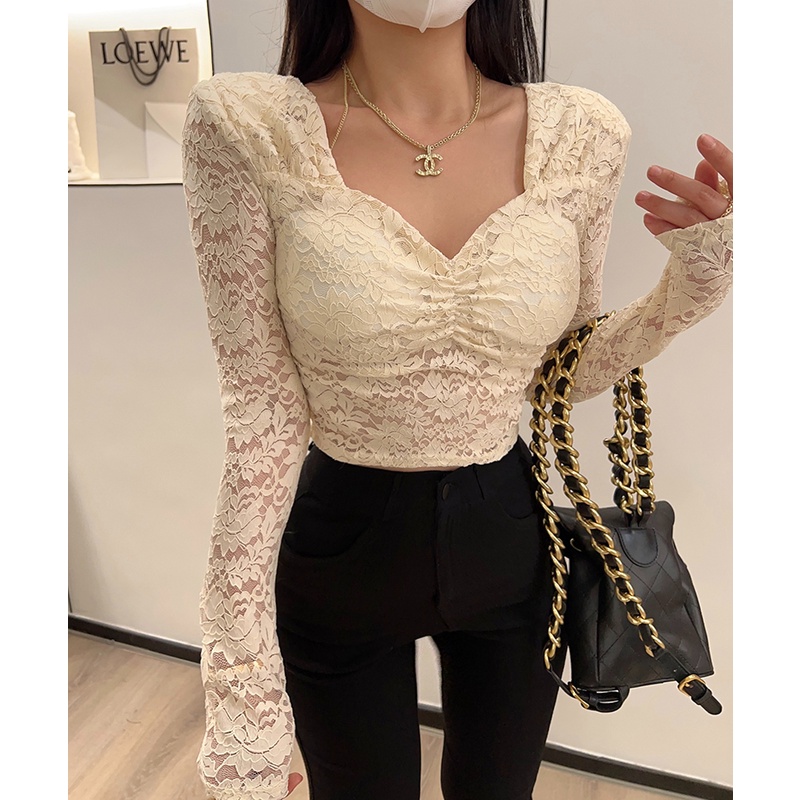 ZHELIHANGFEI Áo Kiểu Tay Dài Cổ Chữ V Phối Ren Phong Cách Hàn Quốc Thời Trang Quyến Rũ Cho Nữ