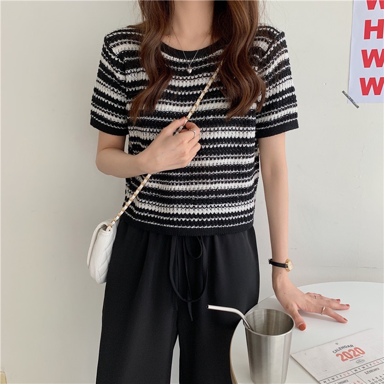 ZHELIHANGFEI Áo Dệt Kim Tay Ngắn Lưng Cao Họa Tiết Kẻ Sọc Thời Trang Xinh Xắn Cho Nữ
