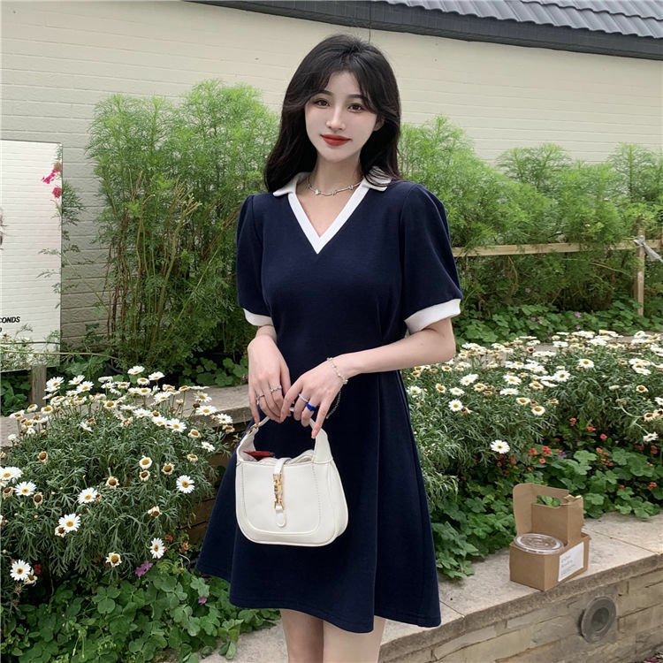 ZHELIHANGFEI Đầm Ngắn Cổ Chữ V Nhấn Eo Xinh Xắn Theo Phong Cách Pháp