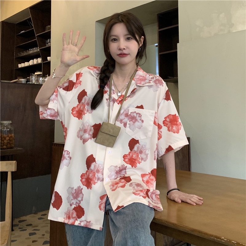 ZHELIHANGFEI Áo Sơ Mi Hoa Tay Ngắn Dáng Rộng Dễ Phối Đồ