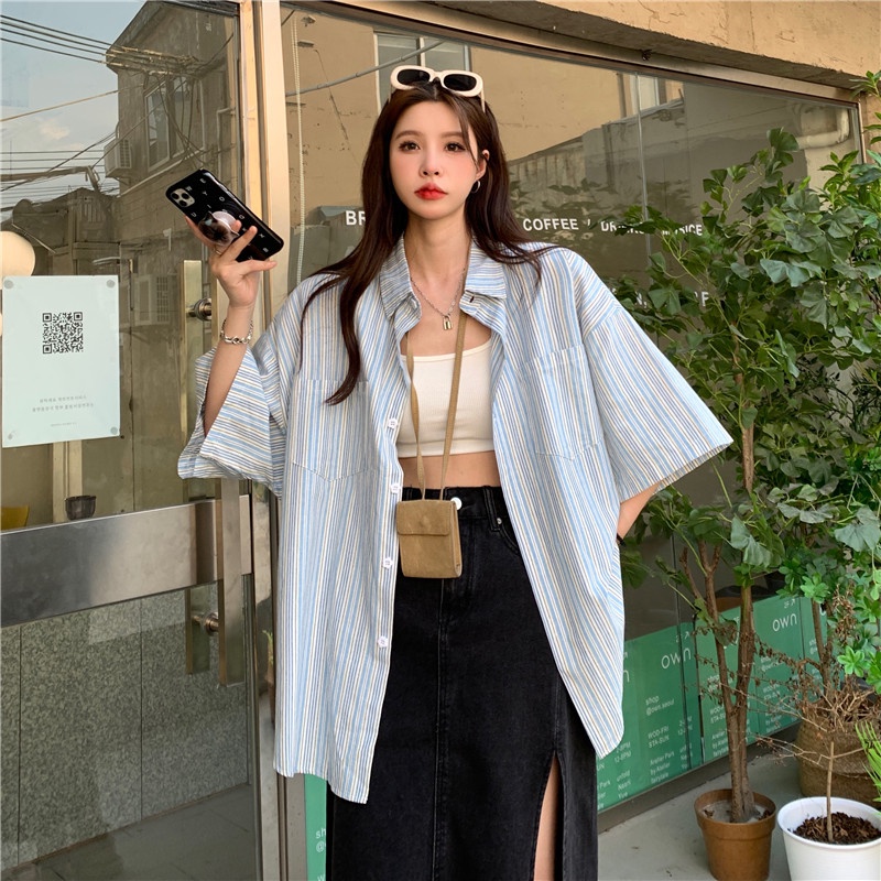 ZHELIHANGFEI Áo Sơ Mi Tay Ngắn Dáng Rộng Họa Tiết Kẻ Sọc Phong Cách Hồng Kông Cá Tính