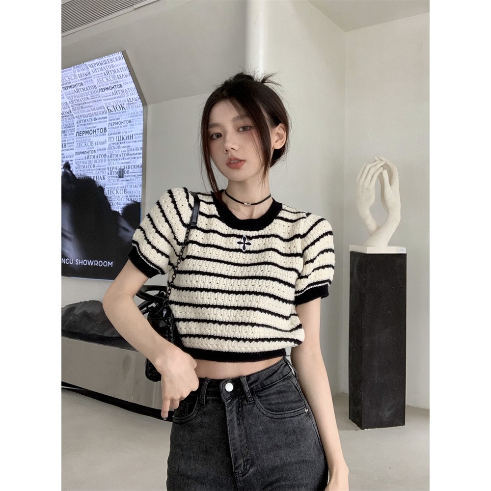 ZHELIHANGFEI Áo Thun Dệt Kim Tay Ngắn Lưng Cao Thời Trang Quyến Rũ Cho Nữ