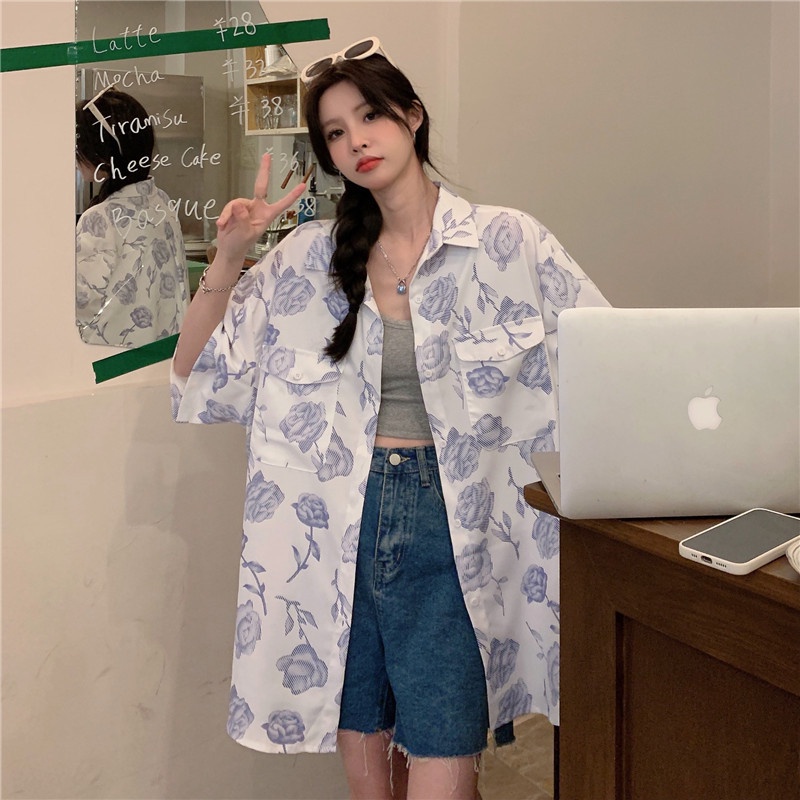 ZHELIHANGFEI Áo sơ mi in POLO cổ áo ngắn tay phong cách trường cao đẳng ngọt ngào và chống nắng cay