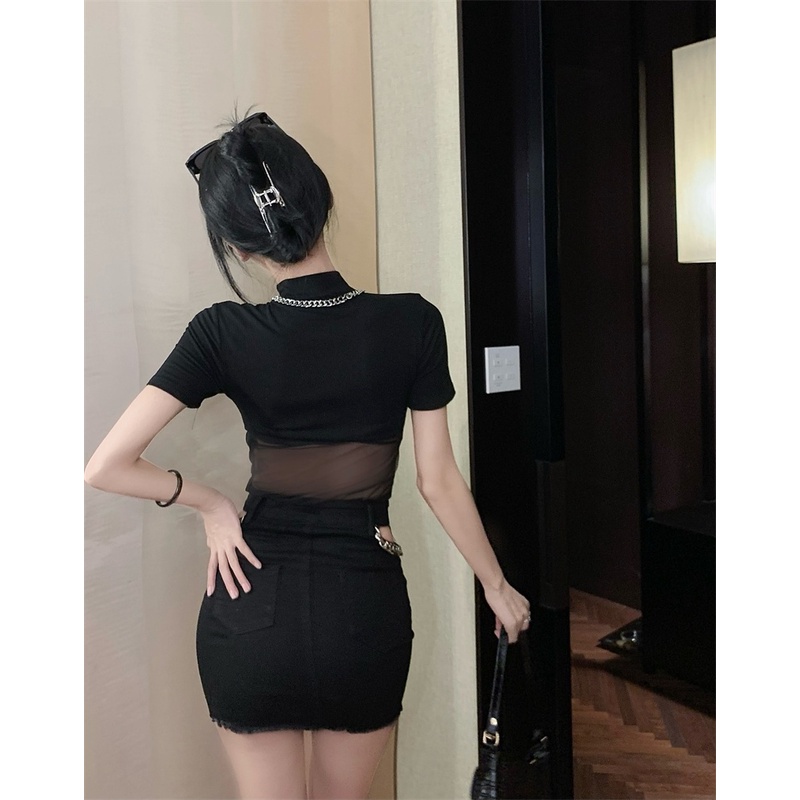 ZHELIHANGFEI Áo Thun Ngắn Tay Phối Lưới Lưng Cao Thiết Kế Quyến Rũ Thời Trang