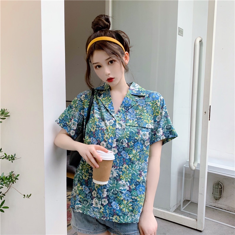 ZHELIHANGFEI Áo Sơ Mi Tay Ngắn Dáng Rộng Họa Tiết Hoa Thời Trang Theo Phong Cách Hồng Kông