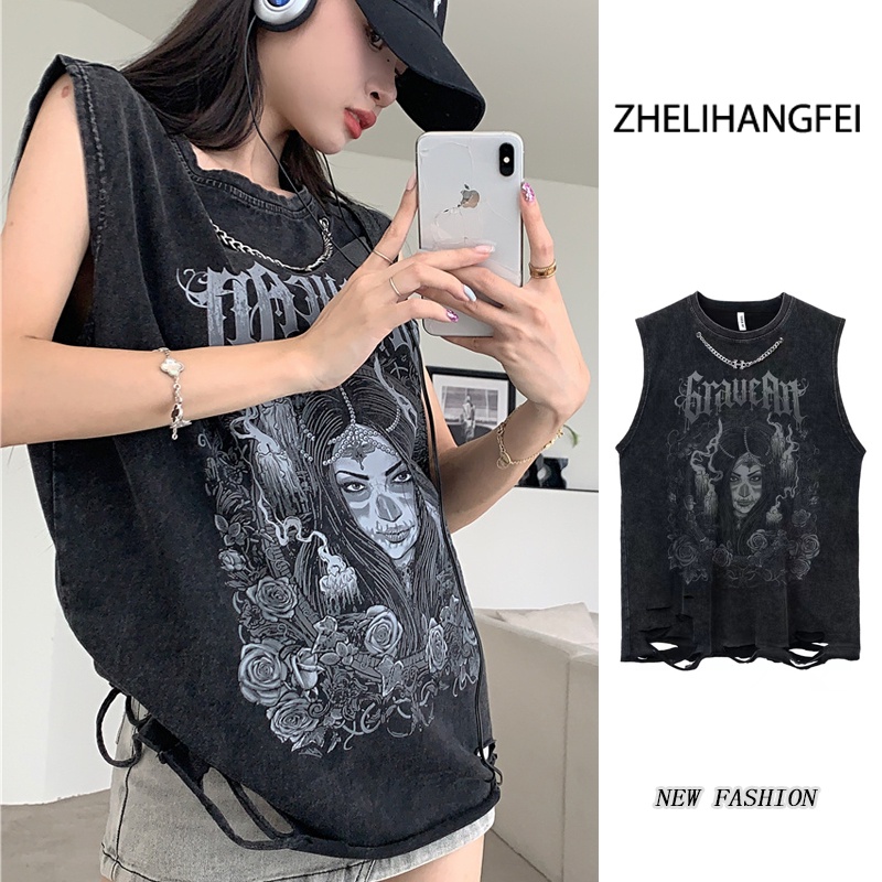 ZHELIHANGFEI Áo Thun Sát Nách Rách Cá Tính Hợp Thời Trang Phong Cách Retro Mỹ