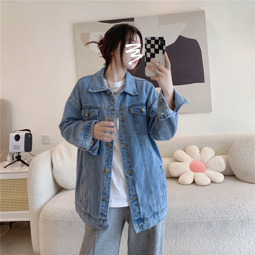 ZHELIHANGFEI Áo Khoác Denim Form Rộng Theo Phong Cách Retro Hàn Quốc