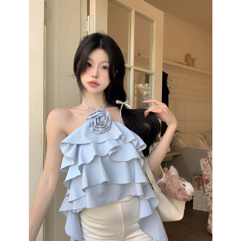 ZHELIHANGFEI Áo Hai Dây Dệt Kim Crop Top Lưng Cao Gợi Cảm