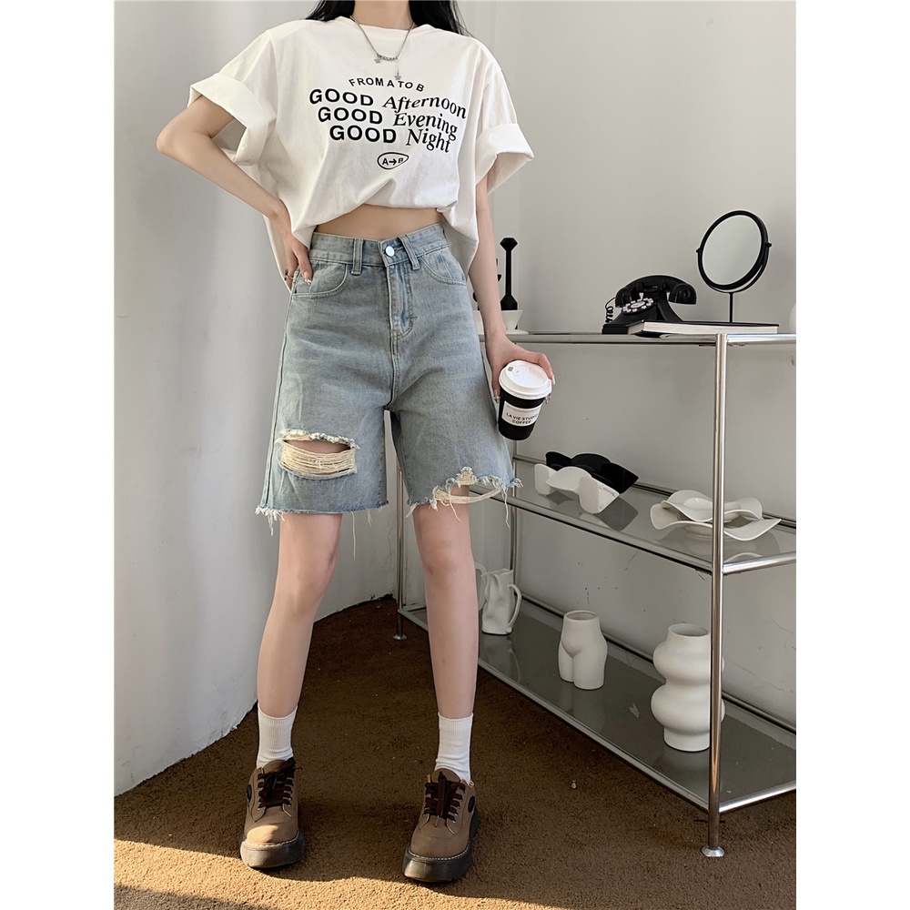 ZHELIHANGFEI Quần Jean Lưng Cao Ống Rộng Phối Rách Cá Tính Theo Phong Cách Retro