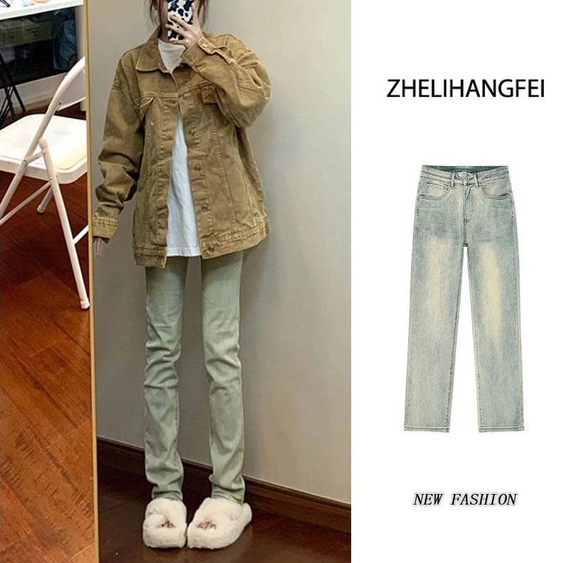 ZHELIHANGFEI Quần Jean Dài Lưng Cao Dáng Suông Kiểu Retro Mỹ Cá Tính