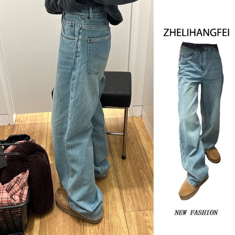 ZHELIHANGFEI Quần Jean Lưng Cao Form Rộng Hợp Thời Trang