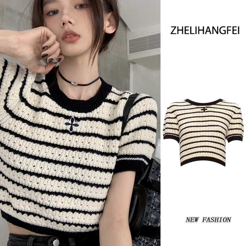ZHELIHANGFEI Áo Thun Dệt Kim Tay Ngắn Lưng Cao Thời Trang Quyến Rũ Cho Nữ