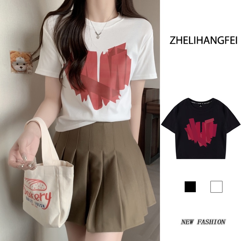 ZHELIHANGFEI Áo thun in hình trái tim ngắn tay phong cách cao cấp đa năng thể thao