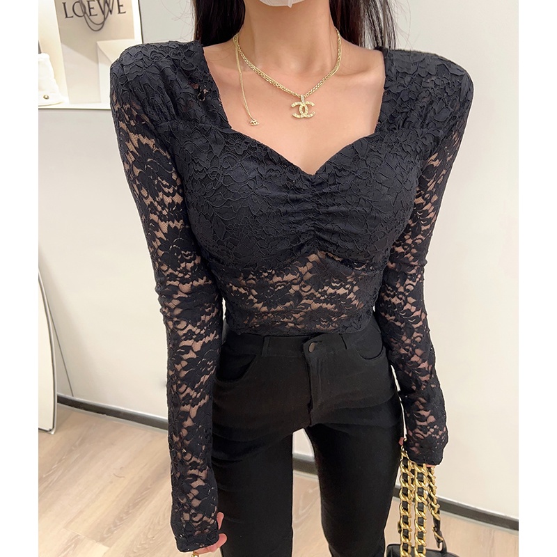 ZHELIHANGFEI Áo Kiểu Tay Dài Cổ Chữ V Phối Ren Phong Cách Hàn Quốc Thời Trang Quyến Rũ Cho Nữ