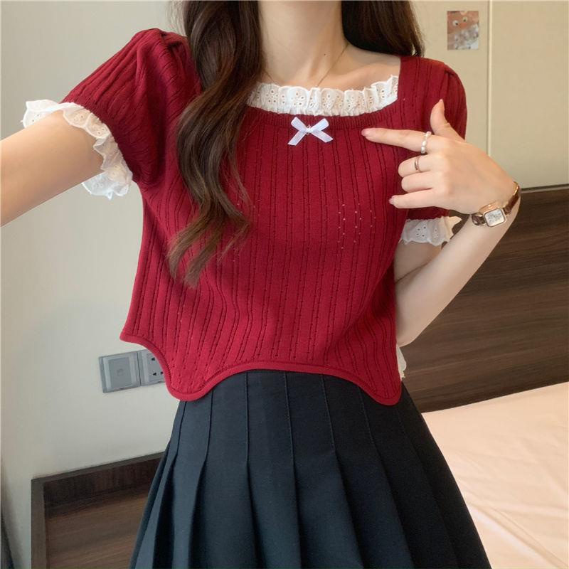 ZHELIHANGFEI Áo Dệt Kim Ngắn Tay Lưng Cao Thời Trang Xinh Xắn Cho Nữ