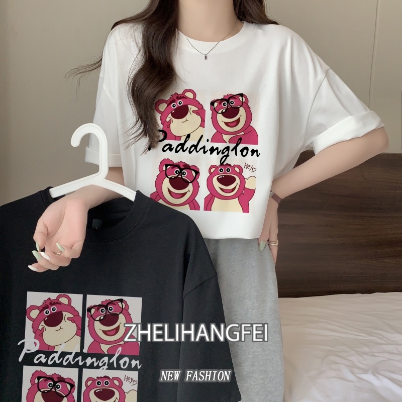 ZHELIHANFEI Gấu dâu tây Áo thun tay ngắn rộng đa năng áo sơ mi xinh xắn