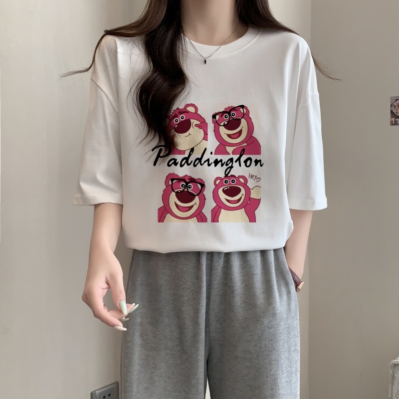 ZHELIHANFEI Gấu dâu tây Áo thun tay ngắn rộng đa năng áo sơ mi xinh xắn