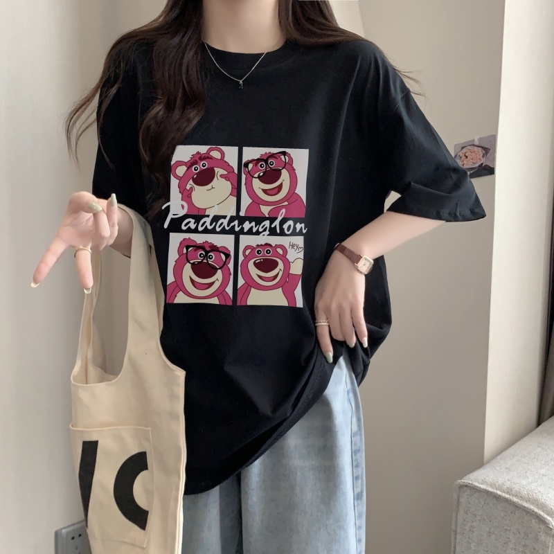 ZHELIHANFEI Gấu dâu tây Áo thun tay ngắn rộng đa năng áo sơ mi xinh xắn