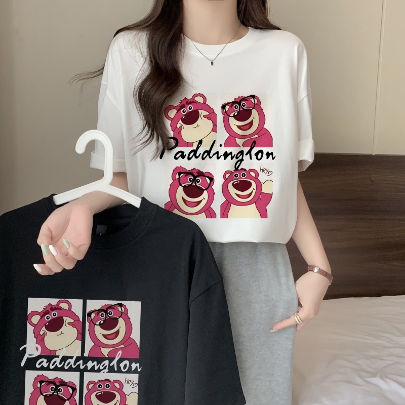 ZHELIHANFEI Gấu dâu tây Áo thun tay ngắn rộng đa năng áo sơ mi xinh xắn