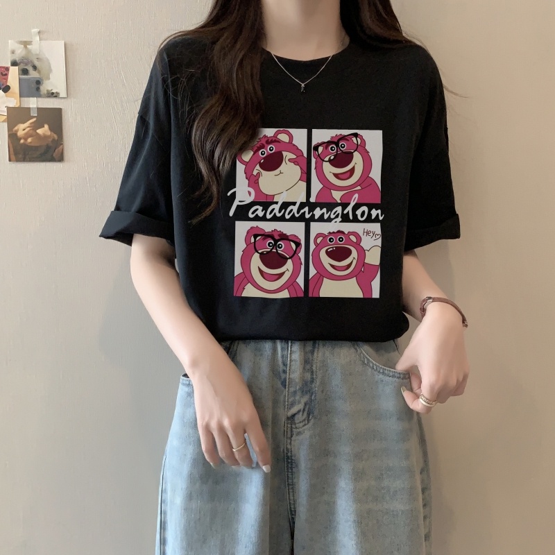 ZHELIHANFEI Gấu dâu tây Áo thun tay ngắn rộng đa năng áo sơ mi xinh xắn