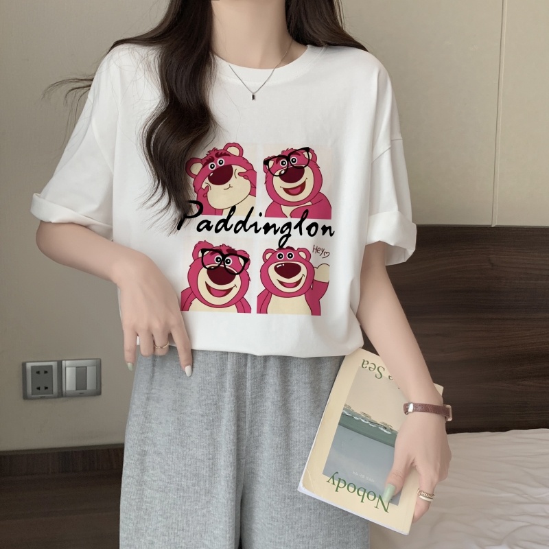 ZHELIHANFEI Gấu dâu tây Áo thun tay ngắn rộng đa năng áo sơ mi xinh xắn