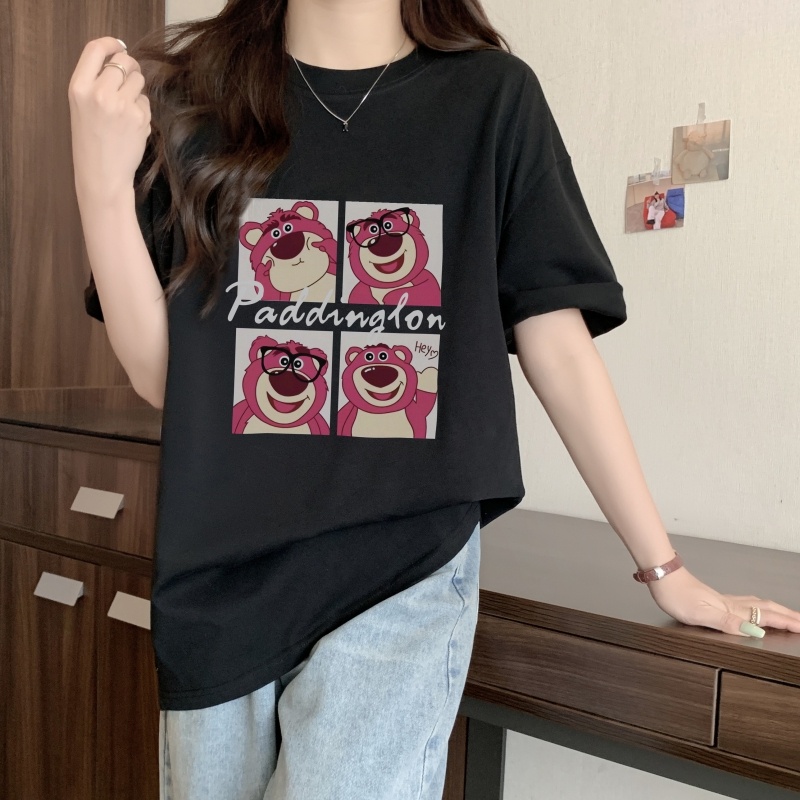 ZHELIHANFEI Gấu dâu tây Áo thun tay ngắn rộng đa năng áo sơ mi xinh xắn