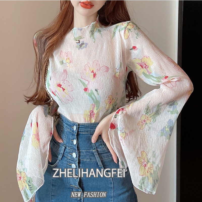 Áo Dệt Kim Tay Loe Dài Cổ Cao Dáng Ôm In Hoa Kiểu Retro Dễ Thương