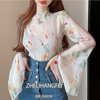 Áo Dệt Kim Tay Loe Dài Cổ Cao Dáng Ôm In Hoa Kiểu Retro Dễ Thương