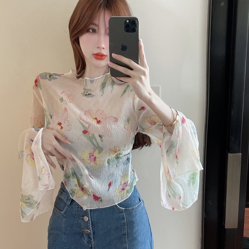 Áo Dệt Kim Tay Loe Dài Cổ Cao Dáng Ôm In Hoa Kiểu Retro Dễ Thương