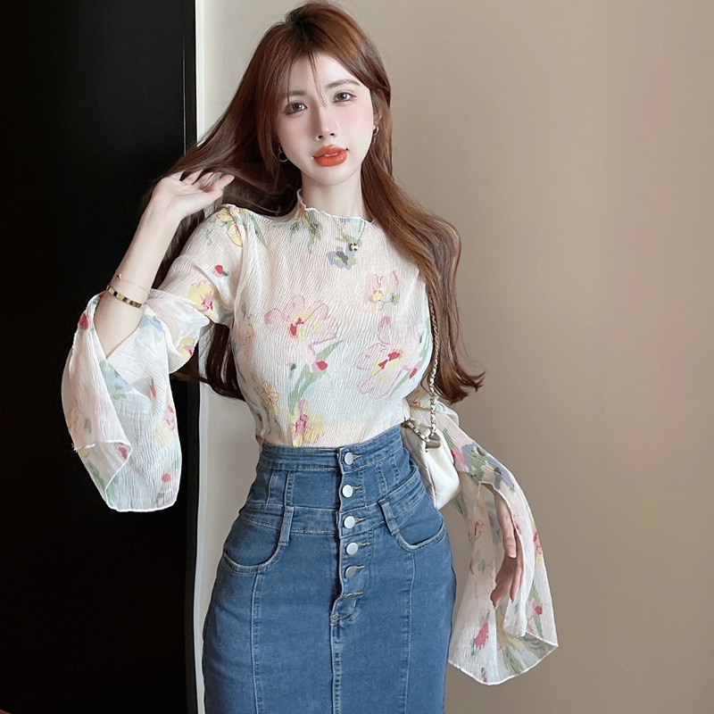 Áo Dệt Kim Tay Loe Dài Cổ Cao Dáng Ôm In Hoa Kiểu Retro Dễ Thương