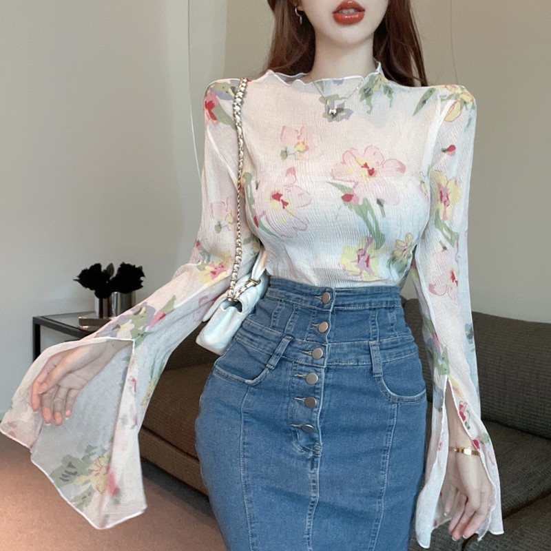 Áo Dệt Kim Tay Loe Dài Cổ Cao Dáng Ôm In Hoa Kiểu Retro Dễ Thương