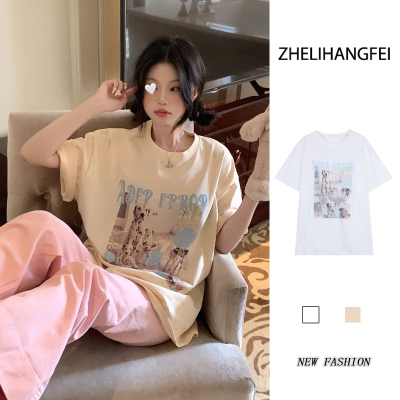 ZHELIHANGFEI Áo Thun Tay Ngắn Họa Tiết Hình Con Cún Theo Phong Cách Preppy