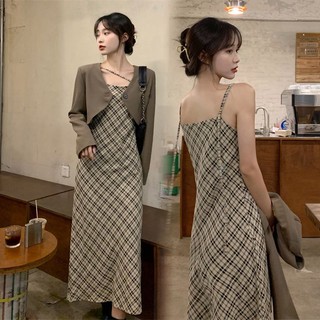 Đầm Yếm Cỡ Lớn In Họa Tiết Caro Kiểu retro Thời Trang Mùa Thu Cho Nữ