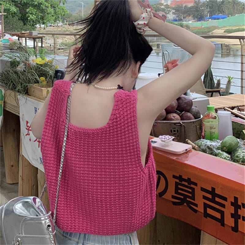 Áo Dệt Kim Sát Nách Cổ Tròn Màu Trơn Thời Trang Mùa Hè Cho Nữ | BigBuy360 - bigbuy360.vn