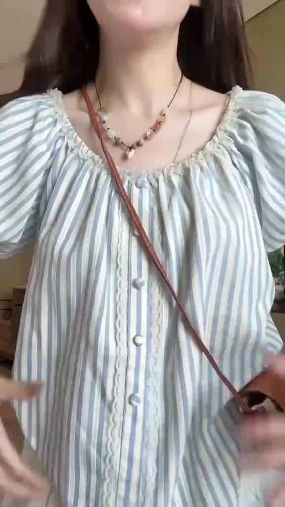 Áo babydoll kẻ sọc trễ vai phối ren cúc bọc ZINA TOP - DÀNH CHO NỮ | BigBuy360 - bigbuy360.vn