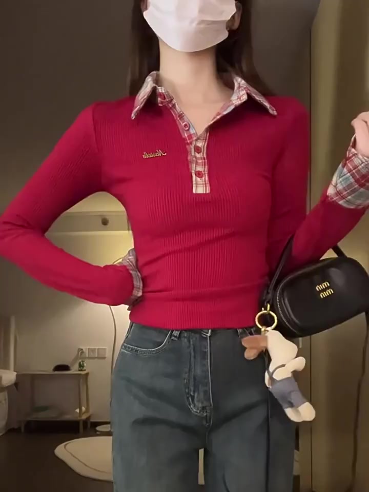 Áo Polo tết giáng sinh thun dài tay nữ giữ ôm body baby tee Thời Trang Kiểm Tra Top Nữ Thu Đông Phong Cách Mới Khâu | BigBuy360 - bigbuy360.vn