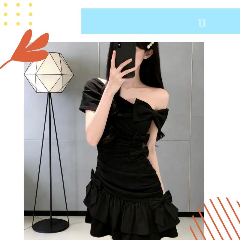 [Pre-Order] Váy Lệch Vai Nơ Phối Bèo Dáng Xòe Ngắn Ôm Eo Thiết Kế Bất Đối Xứng Phong Cách Gợi Cảm Thu Đông Cho Nữ | BigBuy360 - bigbuy360.vn