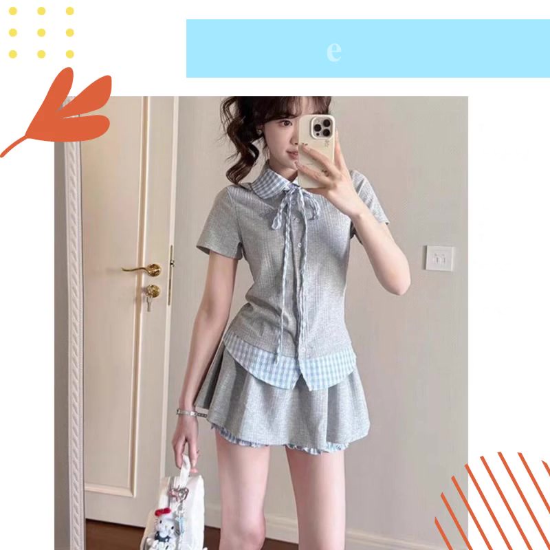[Pre-Oder] Set Áo Polo Thêu Phối Caro Phong Cách Học Viện Hàn Quốc Phối Váy Quần Trẻ Trung Mùa Hè Hai Món | BigBuy360 - bigbuy360.vn