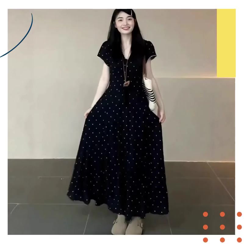 [Pre-Order] Váy Maxi Đen Họa Tiết Hoa Nhí Phong Cách Hepburn Pháp Thanh Lịch Tôn Dáng Cho Nữ | BigBuy360 - bigbuy360.vn
