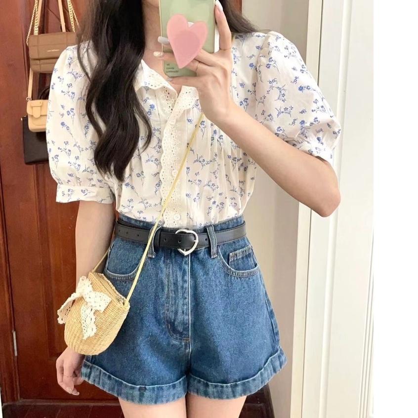 Áo nữ BH tay ngắn in hoa phối ren và cổ polo phong cách Hàn Quốc