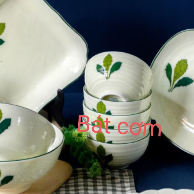 Bán lẻ bát đĩa vẽ ngò gai men kem.Hàng sứ Bát Tràng.