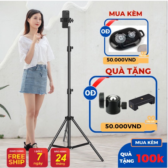 Gậy chụp ảnh livestream điện thoại 3 chân cao 2m1 có kẹp điện thoại hỗ trợ chụp ảnh quay video bán hàng tiktok