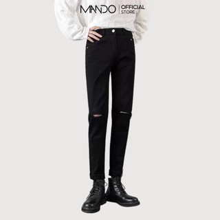 Quần Jean Nam Rách Gối Màu Đen MANDO Chất Jean Cotton Co Giãn 4 Chiều Dáng Ôm Thời Trang Hàn Quốc - QJN058