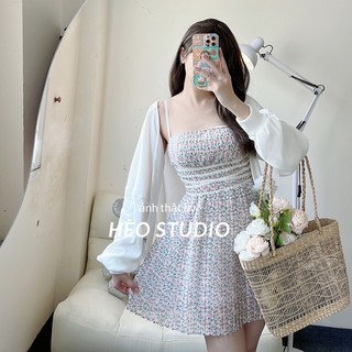 Set Đầm Hoa Đan Eo Kèm Áo Khoác Hèo Studio (Ảnh Thật)