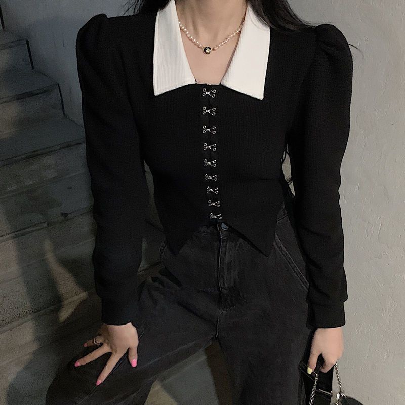 Áo Khoác Sơ Mi Tay Phồng Dài Màu Đen Phong Cách Hàn Quốc Thời Trang Mùa Xuân Cho Nữ