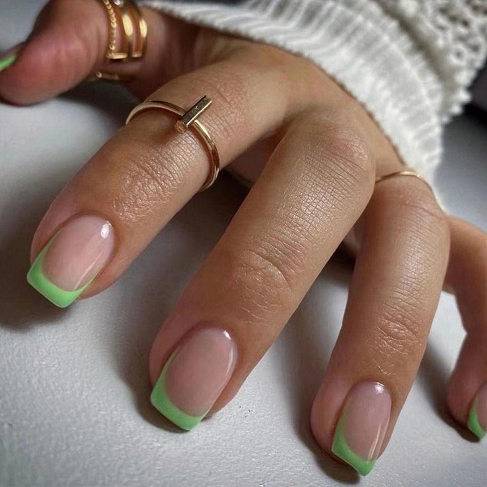 MELODG Bộ 24 Móng Tay Giả Hình Vuông Viền Xanh Lá Có Thể Tháo Rời Bảo Vệ Toàn Diện