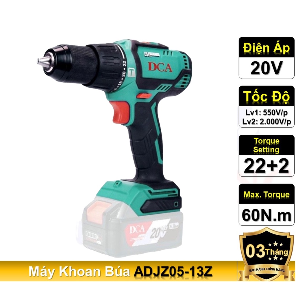 Thân máy khoan pin 20V DCA ADJZ05-13Z ( không kèm pin và sạc ), động cơ không chổi than