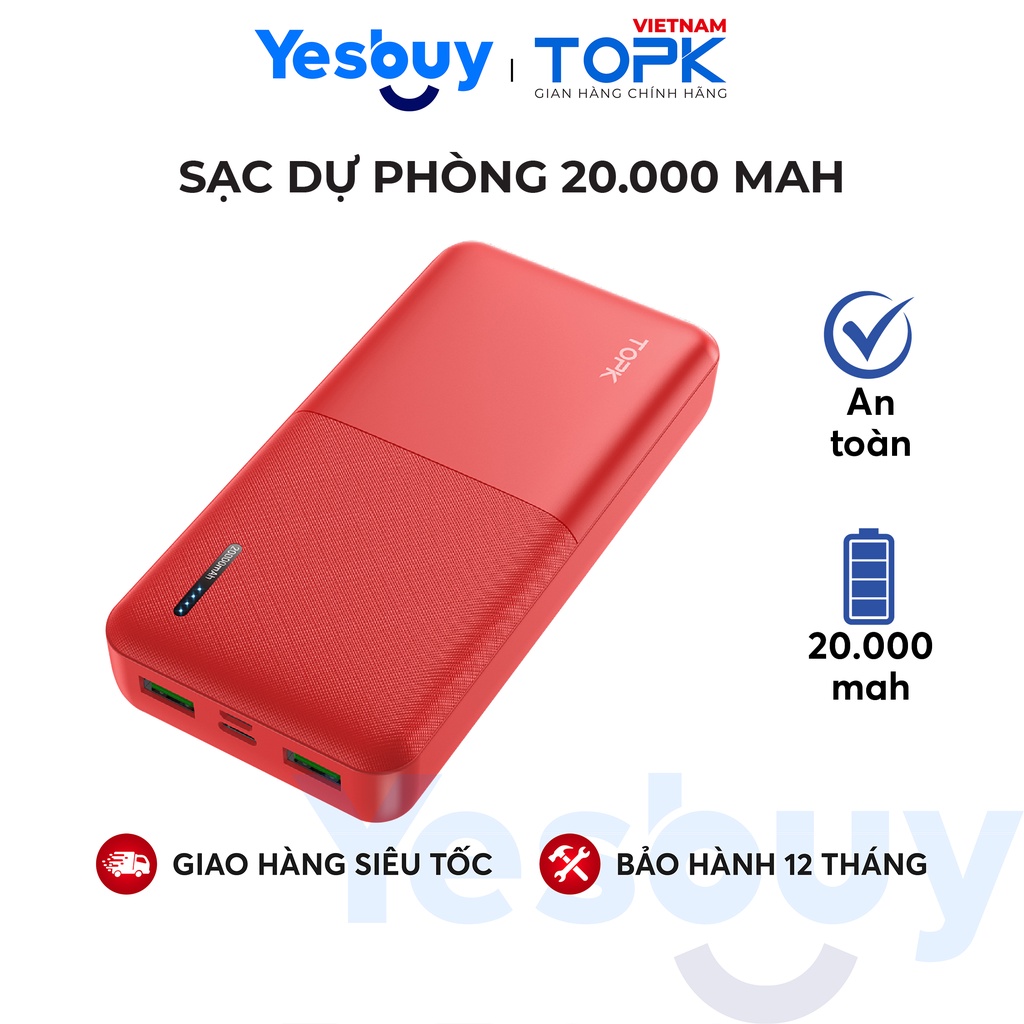 Sạc Dự Phòng TOPK I2009 20000mAh - Cổng USB Kép, Thiết Kế Nhỏ Gọn Tiện Lợi Cho Xiaomi/ Samsung/ iPhone