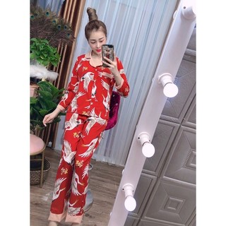 Bộ ngủ lụa hàn pijama tay dài quần dài, đồ bộ mặc nhà tdqd hình chim hạc, bộ ngủ lụa mặc nhà cao cấp giá rẻ