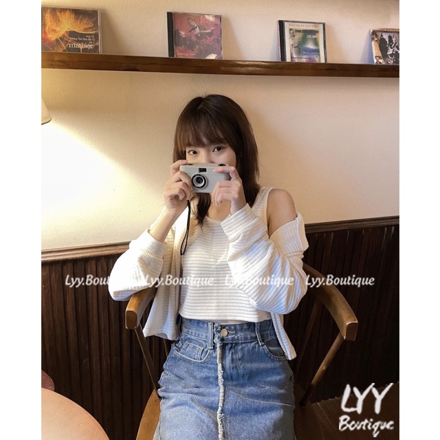 Set áo khoác cardigan kèm áo 2 dây croptop dáng trơn chất gạo xốp style Hàn Quốc LYY BOUTIQUE